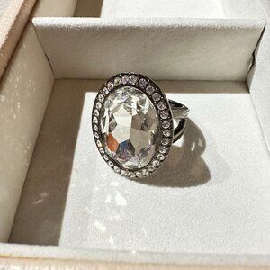 Size 10 Oval-Cut Crystal Statement Ring Hematite Tone Finish & Rhinestone Halo